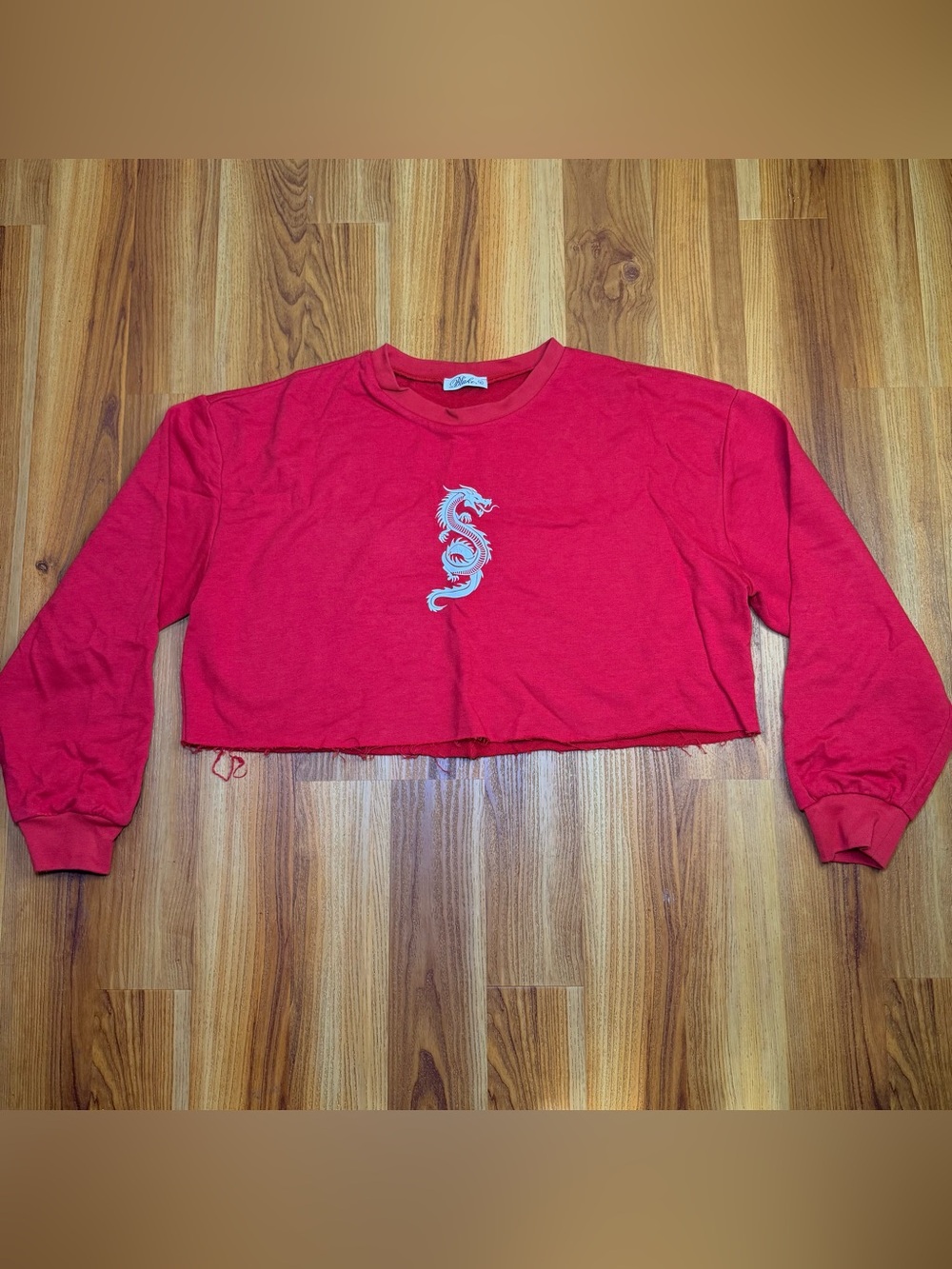 Red Cropped Crewneck Sweatshirt with Embroidered Dragon - Women